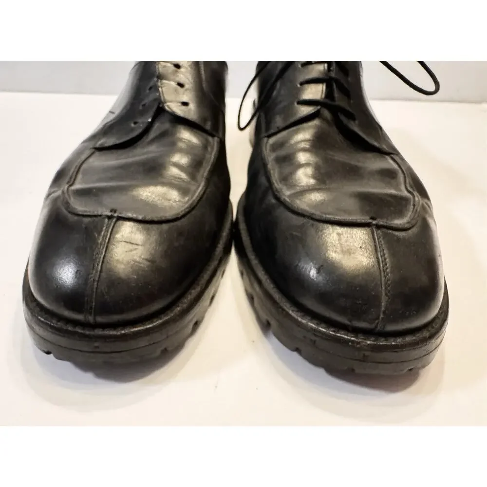 10.5 D Salvatore Ferragamo Black Leather Apron Toe Derby Lug Sole Italy